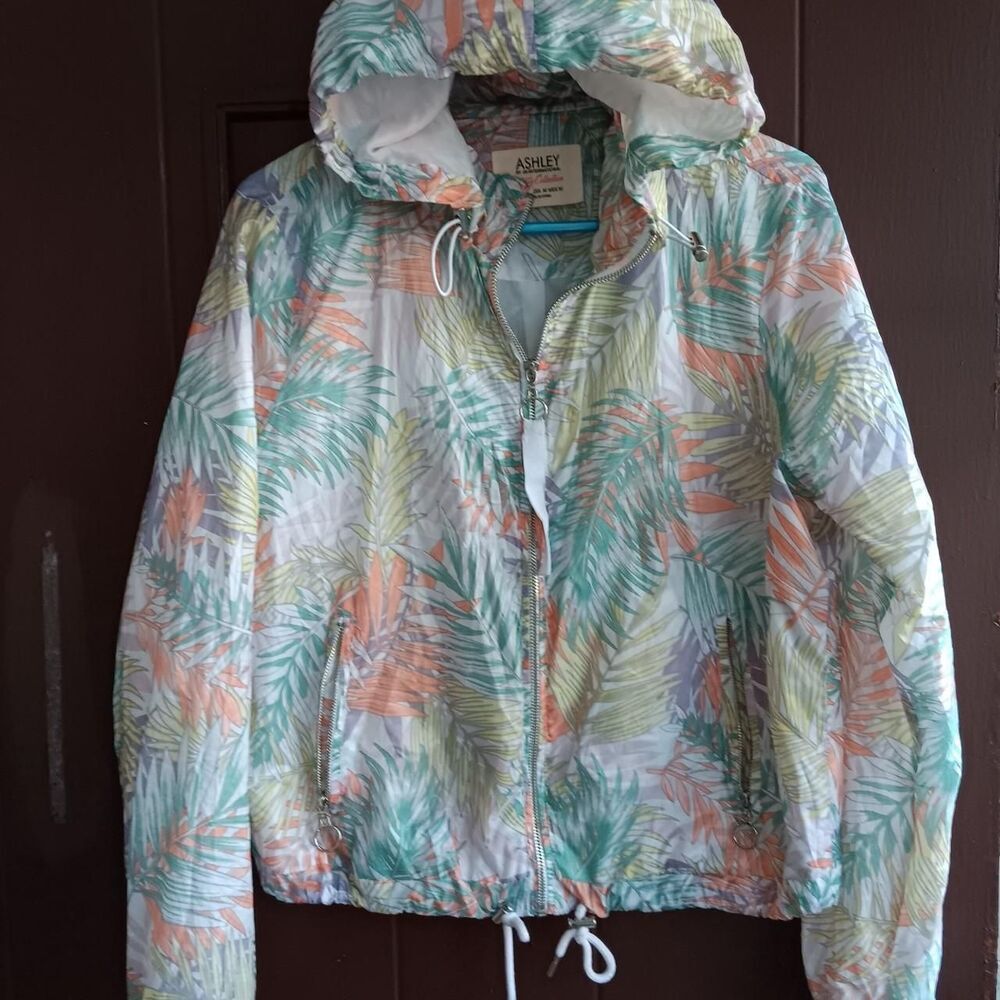 raincoat hooded zip front windbreaker women medium lined floral leaf cinch waist